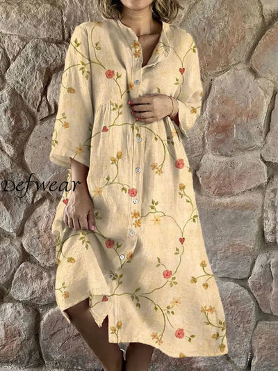 Vintage Floral Art Print Chic V-Neck Three-Quarter Sleeve Button Up Elegant Midi Dress