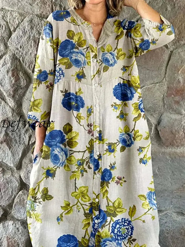 Vintage Floral Art Print Chic V-Neck Three-Quarter Sleeve Button Up Elegant Midi Dress