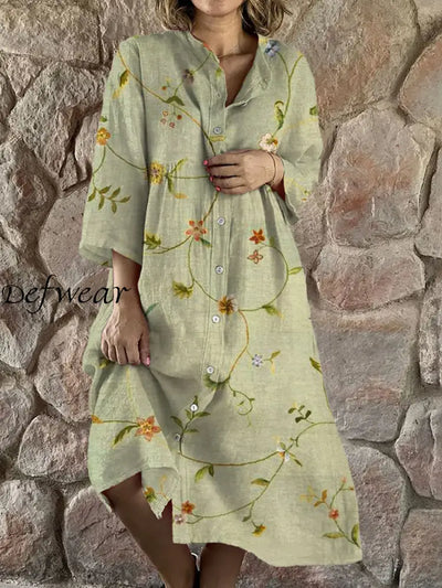 Vintage Floral Art Print Chic V-Neck Three-Quarter Sleeve Button Up Elegant Midi Dress