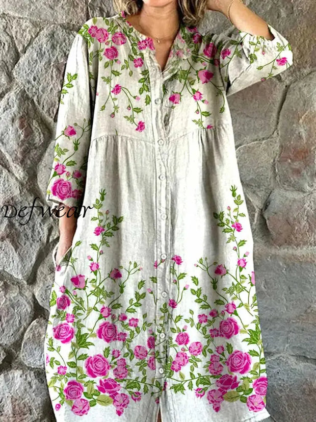 Vintage Floral Art Print Chic V-Neck Three-Quarter Sleeve Button Up Elegant Midi Dress A / S