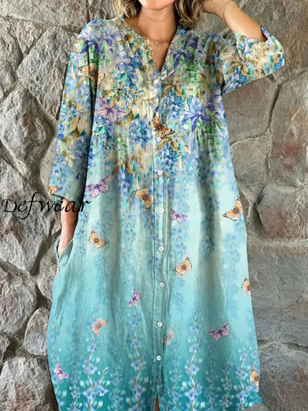 Vintage Floral Art Print Chic V-Neck Three-Quarter Sleeve Button Up Elegant Midi Dress A / S