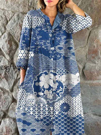 Vintage Floral Art Print Chic V-Neck Three-Quarter Sleeve Button Up Elegant Midi Dress Blue / S