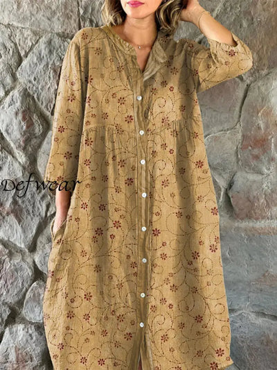 Vintage Floral Art Print Chic V-Neck Three-Quarter Sleeve Button Up Elegant Midi Dress Light Brown