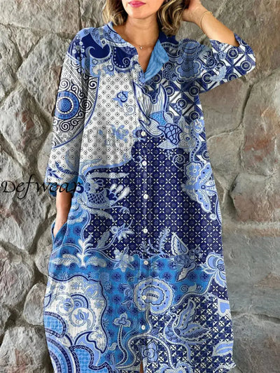 Vintage Floral Art Print Chic V-Neck Three-Quarter Sleeve Button Up Elegant Midi Dress Navy Blue / S