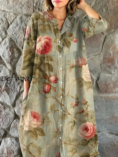 Vintage Floral Art Print Chic V-Neck Three-Quarter Sleeve Button Up Elegant Midi Dress Olive Green