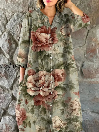 Vintage Floral Art Print Chic V-Neck Three-Quarter Sleeve Button Up Elegant Midi Dress Olive Green