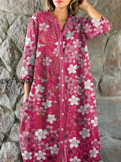 Vintage Floral Art Print Chic V-Neck Three-Quarter Sleeve Button Up Elegant Midi Dress Pink / S