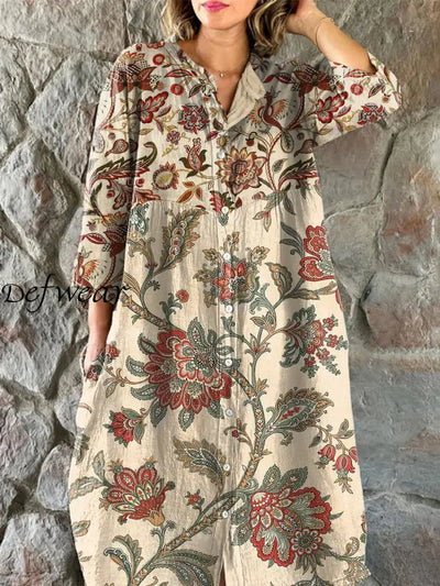 Vintage Floral Art Print Chic V-Neck Three-Quarter Sleeve Button Up Elegant Midi Dress Smoked