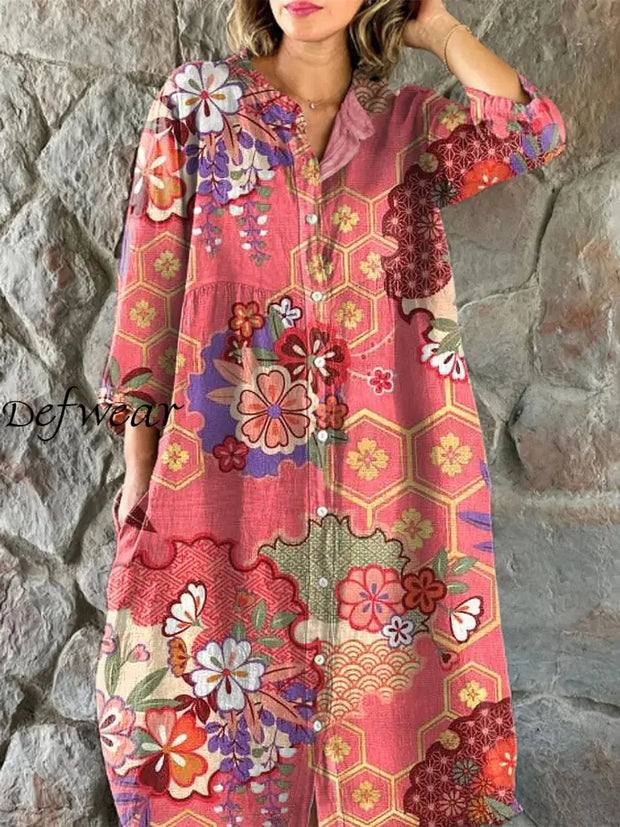 Vintage Floral Art Print Chic V-Neck Three-Quarter Sleeve Button Up Elegant Midi Dress Watermelon