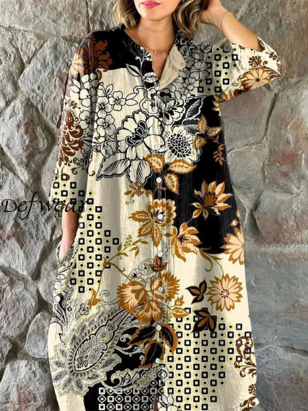 Vintage Floral Art Print Chic V-Neck Three-Quarter Sleeve Button Up Elegant Midi Dress Yellow / S