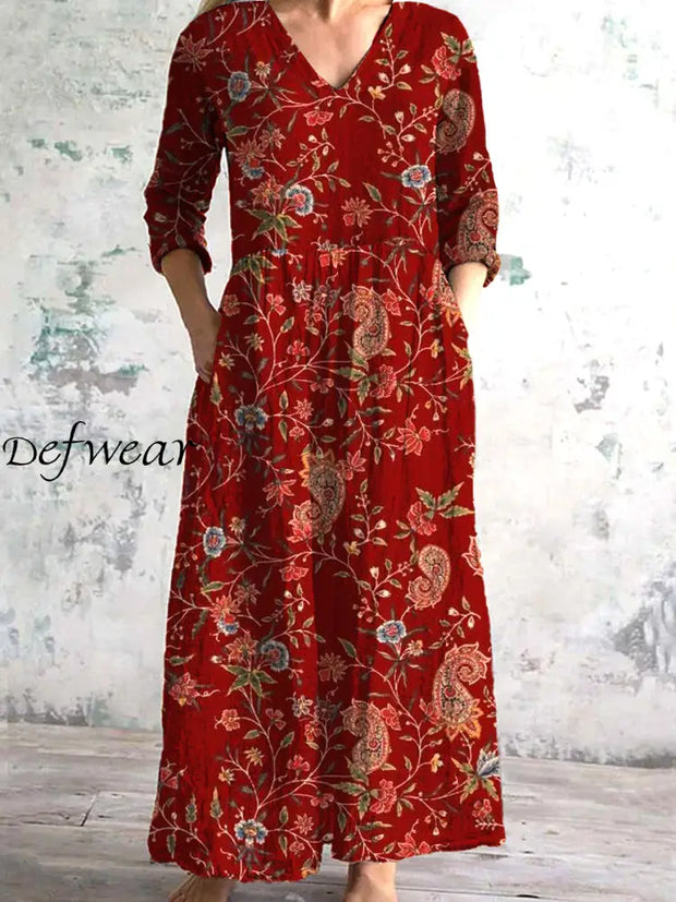 Vintage Floral Art Print Chic V-Neck Three-Quarter Sleeve Elegant Mid-Length Dress A / S