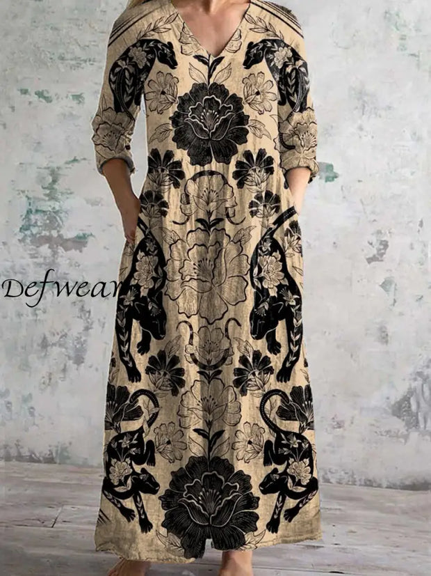 Vintage Floral Art Print Chic V Neck Three Quarter Sleeve Elegant Midi Dress A / S