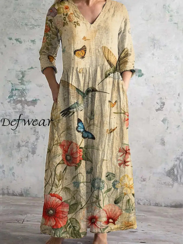 Vintage Floral Art Print Chic V Neck Three Quarter Sleeve Elegant Midi Dress A / S