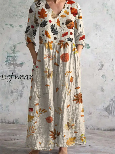 Vintage Floral Art Print Chic V-Neck Three-Quarter Sleeve Elegant Midi Dress A / S