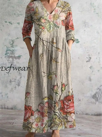 Vintage Floral Art Print Chic V-Neck Three-Quarter Sleeve Elegant Midi Dress A / S