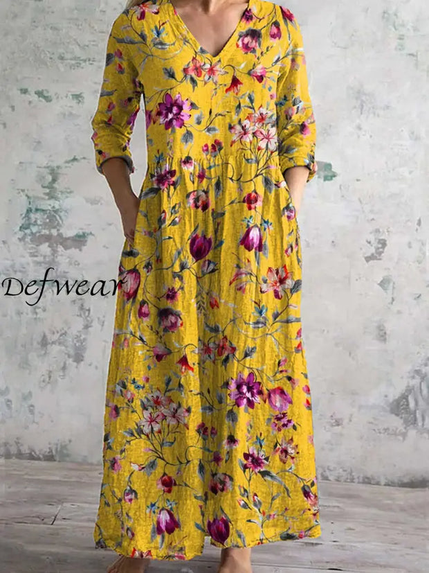 Vintage Floral Art Print Chic V Neck Three Quarter Sleeve Elegant Midi Dress A / S