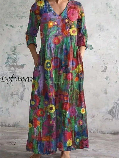 Vintage Floral Art Print Chic V Neck Three Quarter Sleeve Elegant Midi Dress A / S