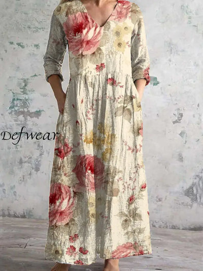 Vintage Floral Art Print Chic V Neck Three Quarter Sleeve Elegant Midi Dress A / S