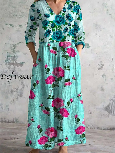 Vintage Floral Art Print Chic V Neck Three Quarter Sleeve Elegant Midi Dress A / S