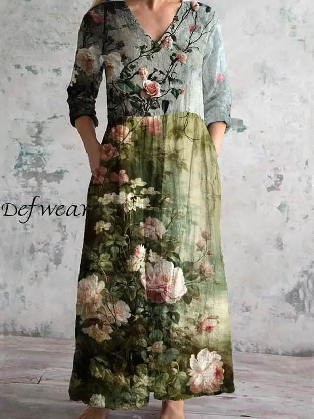 Vintage Floral Art Print Chic V Neck Three Quarter Sleeve Elegant Midi Dress A / S