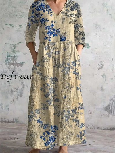 Vintage Floral Art Print Chic V-Neck Three-Quarter Sleeve Elegant Midi Dress A / S