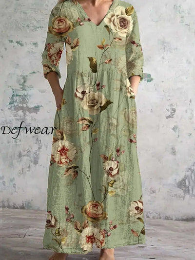 Vintage Floral Art Print Chic V-Neck Three-Quarter Sleeve Elegant Midi Dress A / S