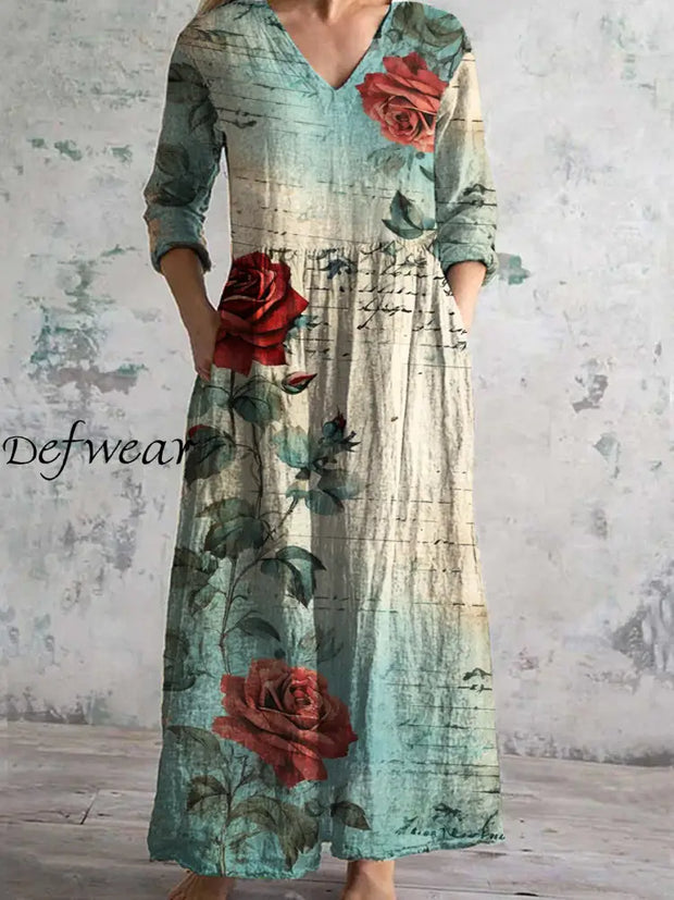 Vintage Floral Art Print Chic V Neck Three Quarter Sleeve Elegant Midi Dress A / S