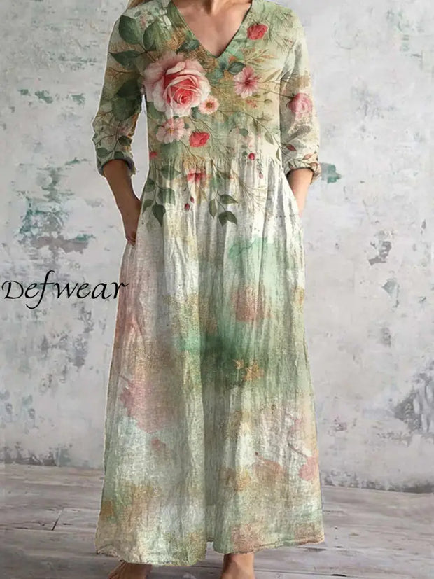 Vintage Floral Art Print Chic V Neck Three Quarter Sleeve Elegant Midi Dress A / S