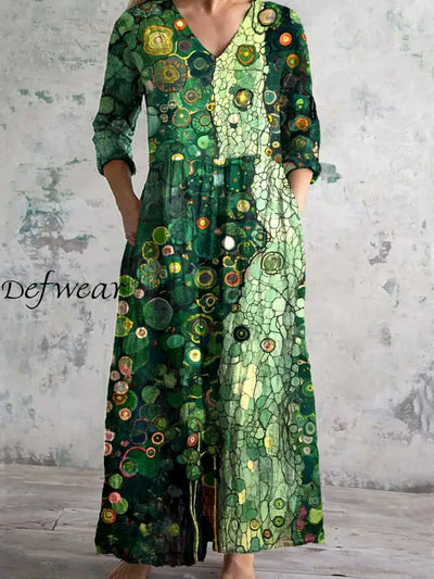 Vintage Floral Art Print Chic V Neck Three Quarter Sleeve Elegant Midi Dress A / S