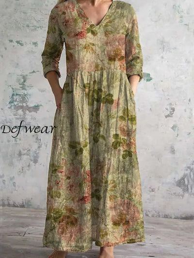 Vintage Floral Art Print Chic V-Neck Three-Quarter Sleeve Elegant Midi Dress A / S