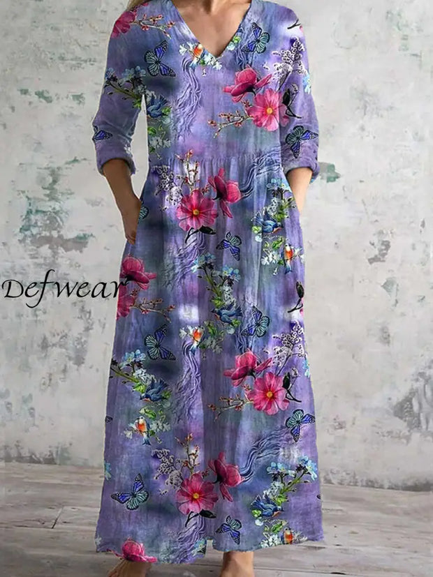 Vintage Floral Art Print Chic V Neck Three Quarter Sleeve Elegant Midi Dress A / S