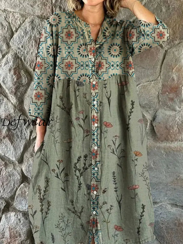 Vintage Floral Art Print Chic V-Neck Three-Quarter Sleeves Button Elegant Midi Dress A / S