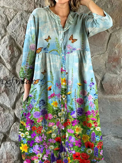 Vintage Floral Art Print Chic V Neck Three Quarter Sleeves Buttons Elegant Midi Dress A / S