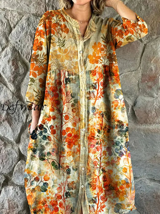 Vintage Floral Art Print Chic V Neck Three Quarter Sleeves Buttons Elegant Midi Dress A / S