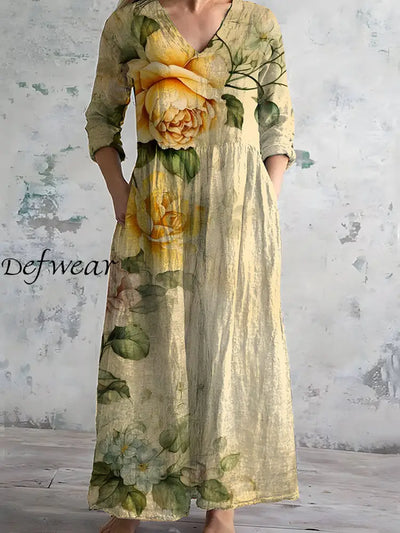 Vintage Floral Art Print Chic V-Neck Three-Quarter Sleeves Elegant Midi Dress A / S