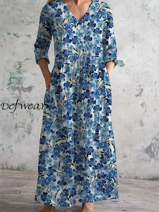 Vintage Floral Art Print Chic V Neck Three Quarter Sleeves Elegant Midi Dress A / S