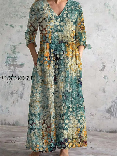 Vintage Floral Art Print Chic V Neck Three Quarter Sleeves Elegant Midi Dress A / S