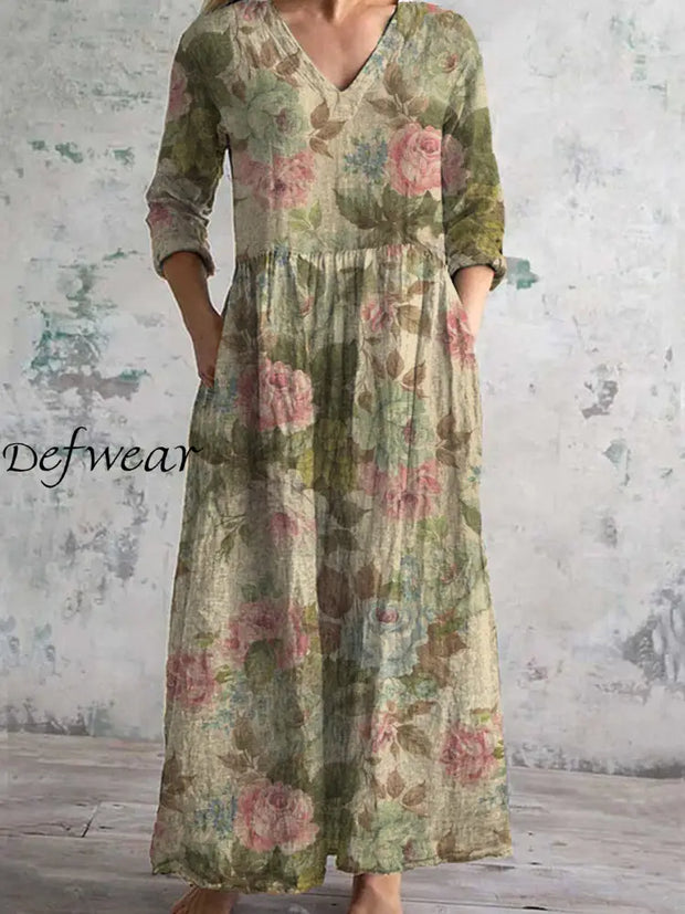 Vintage Floral Art Print Chic V-Neck Three-Quarter Sleeves Elegant Midi Dress A / S