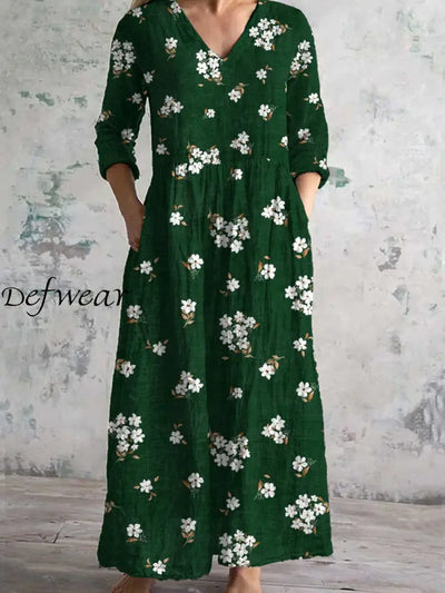 Vintage Floral Art Print Chic V Neck Three Quarter Sleeves Elegant Midi Dress A / S