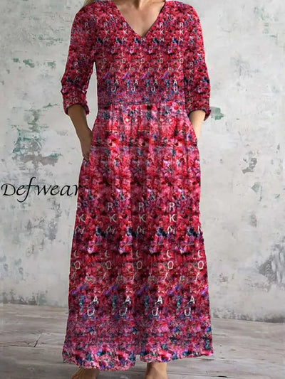 Vintage Floral Art Print Chic V Neck Three Quarter Sleeves Elegant Midi Dress A / S