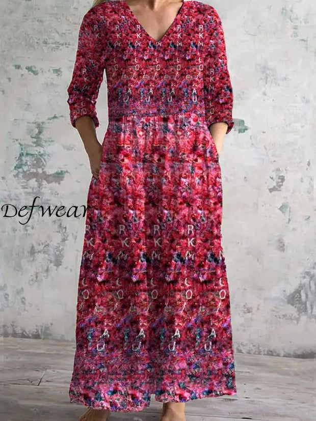 Vintage Floral Art Print Chic V Neck Three Quarter Sleeves Elegant Midi Dress A / S