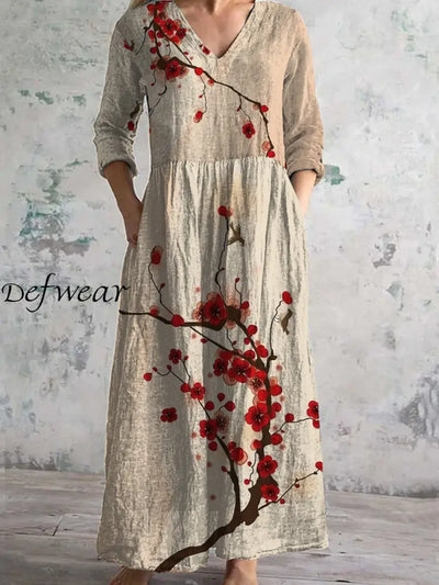 Vintage Floral Art Print Chic V Neck Three Quarter Sleeves Elegant Midi Dress A / S