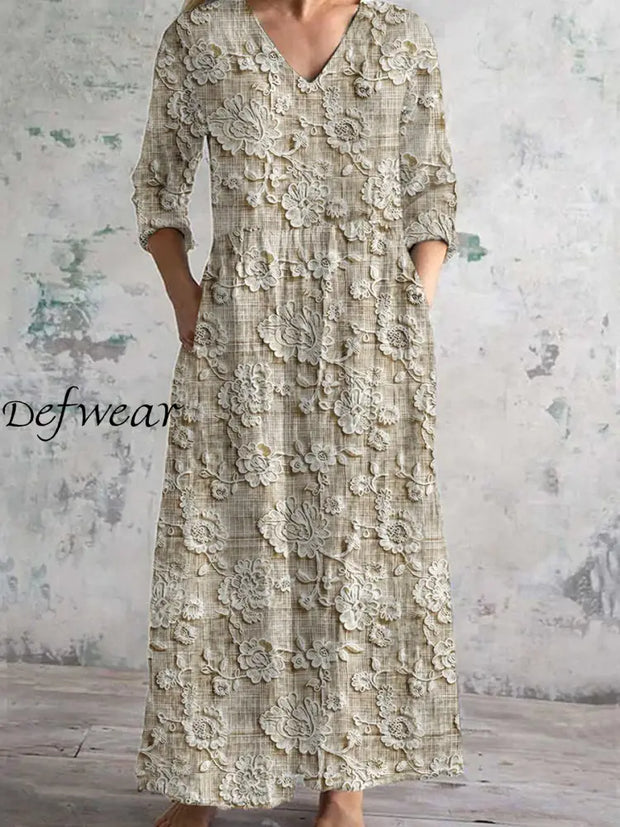 Vintage Floral Art Print Chic V Neck Three Quarter Sleeves Elegant Midi Dress A / S