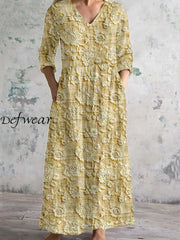 Vintage Floral Art Print Chic V Neck Three Quarter Sleeves Elegant Midi Dress B / S