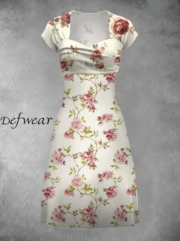 Vintage Floral Art Print Elegant Chic Short Sleeve Fan Dress A / M