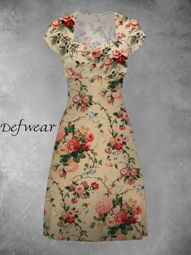 Vintage Floral Art Print Elegant Chic Short Sleeve Fan Dress A / M