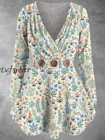 Vintage Floral Art Print Printed Elegant V-Neck Button Trim Long-Sleeved Top A / S