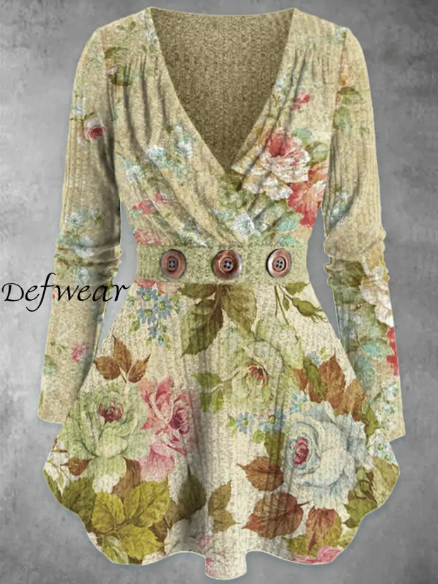 Vintage Floral Art Print Printed Elegant V-Neck Button Trim Long-Sleeved Top A / S