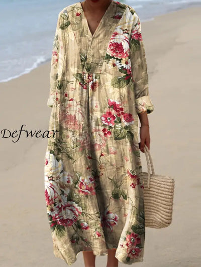 Vintage Floral Art Print V Neck Elegant Chic Loose Long Sleeve Midi Dress A / S