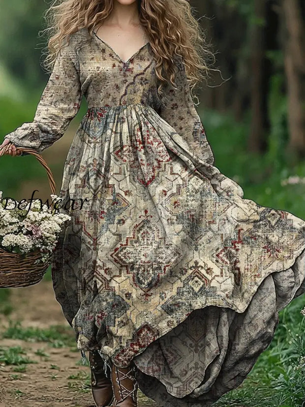 Vintage Floral Art Print V-Neck Elegant Chic Loose Long Sleeve Midi Dress A / S